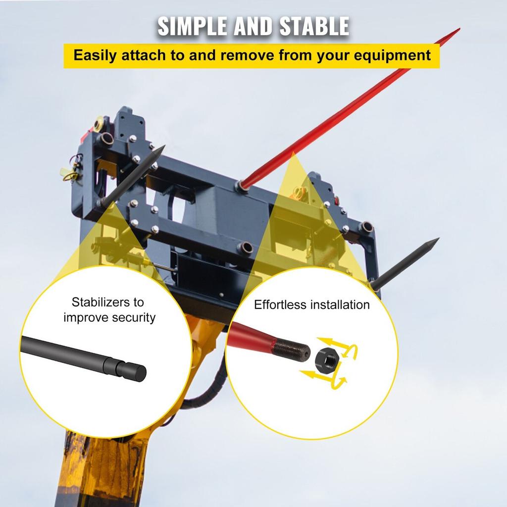 Hay Spear 49\" Bale Spear 3000 Lbs Capacity, Bale Spike Quick Attach Square Hay Bale Spears 1 3/4\" Wide, Red Coated Bale Forks, Bale Hay Spike with 2