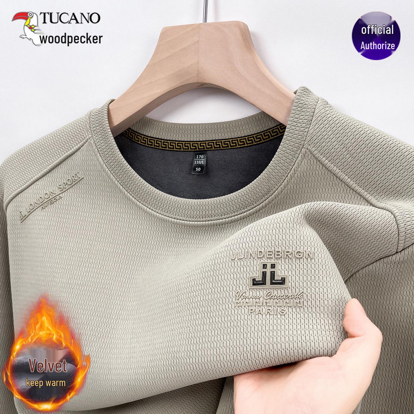 

Woodpecker Men s Long Sleeve Pullover Hoodie, Round Neck, Warm Velvet-Enhanced Casual Top 3XL for 165-180 jin вершковий/верблюд