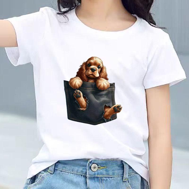 Kids Cotton T Shirt Charming Pocket Cocker Spaniel Dog Print Crew Neck Short Sleeve Tee Casual Breathable Boys Girls Summer Tops