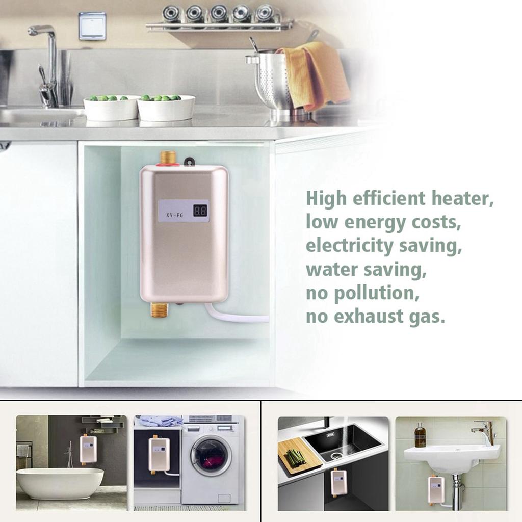 3800W Mini Electric Tankless Instant Hot Water Heater Bathroom Kitchen Washing Golden