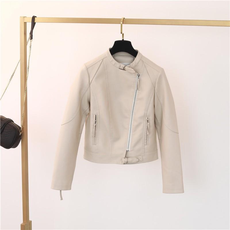 Womens Stand Collar Slim Fit PU Leather Moto Jacket Short Casual Coat