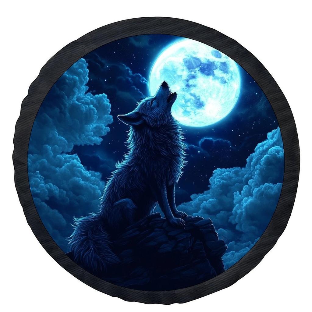 Single Piece Tire Cover Featuring A Wolf Howling At The Moon, Stylish Universal Fit For Wheel Protection, Compatible With Most C