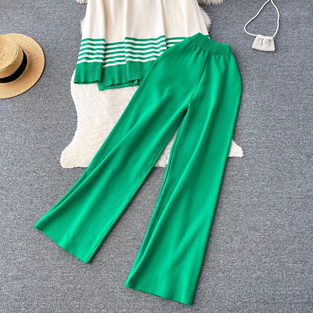 Toamnă Iarnă Femei Grătul cu mâneci lungi Pulover tricotat în dungi Topuri + Pantaloni largi Costume Set două piese Tinute femei