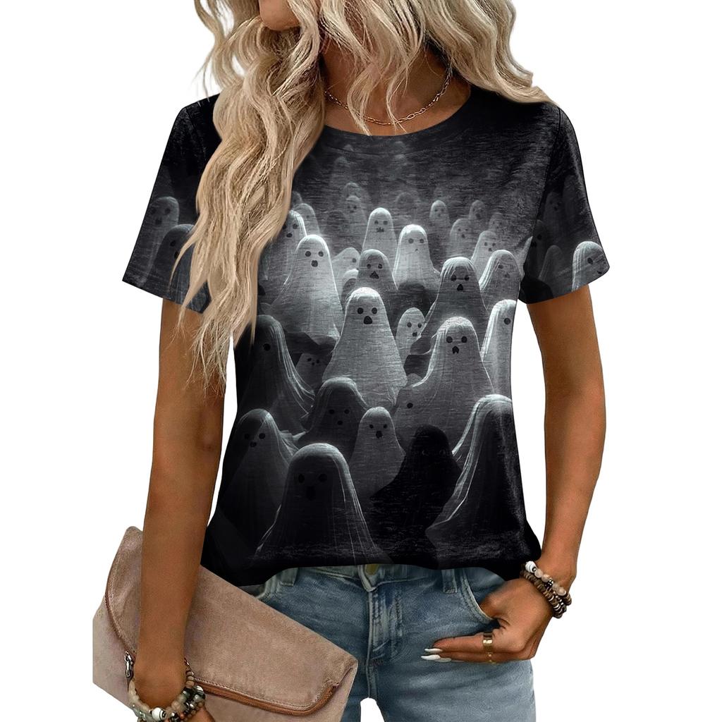 Women Casual Loose Fit Short Sleeve T Shirt Halloween Pumpkin Pattern Print Crew Neck Top Lightweight Soft Fabric
