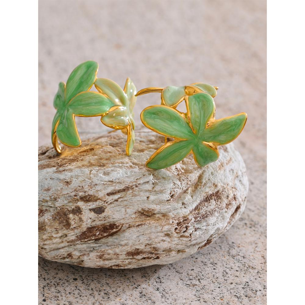 Eetit Grüne Rosa Emaille Goldene Blume Creolen für Damen Exquisiter Edelstahl Täglich Vielseitiger Modeschmuck Geschenk