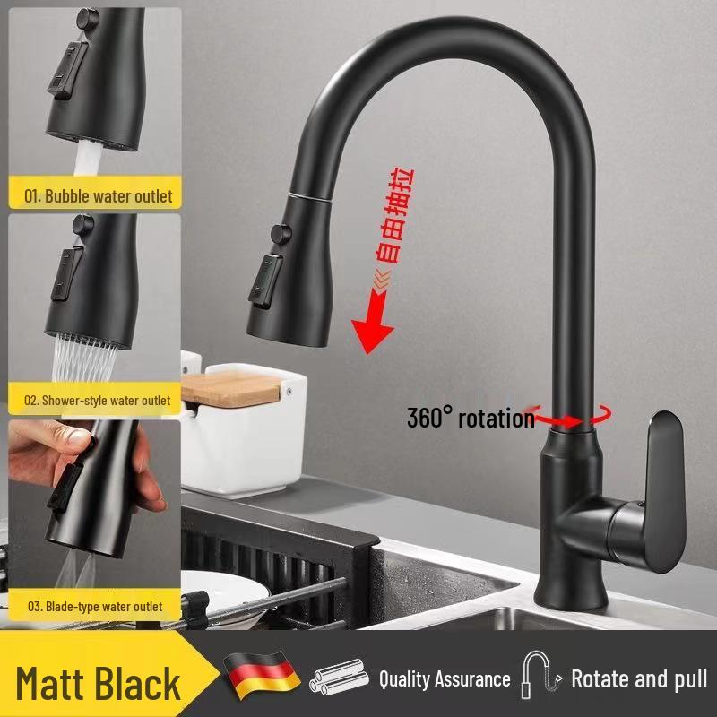 Stainless Steel Telescopic Rotatable Pull-Out Kitchen Faucet with Dual Water Outlets
