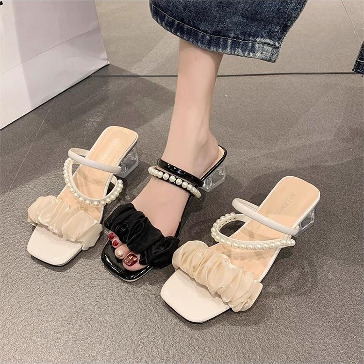 Two Wearing Sandals Female 2025 Summer New Internet Celebrity Fairy Wind Thick Heel Non-slip Outer Wear Crystal High Heel Cool Slippers