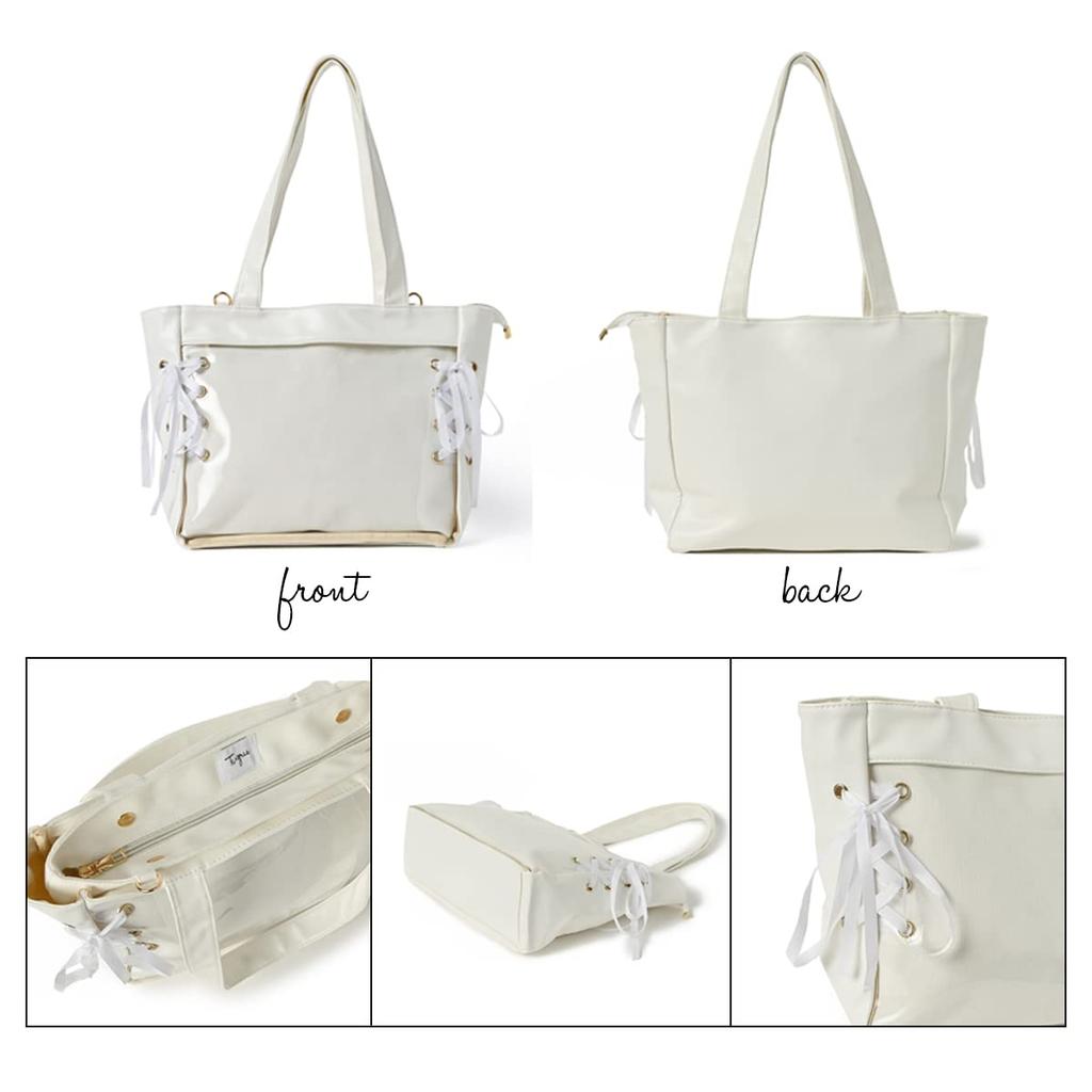 Across Ita Bag, Cute Lace-Up Shoulder Tote, Transparent Vinyl Bag for Women, A4 Size, Ribbon (White)
