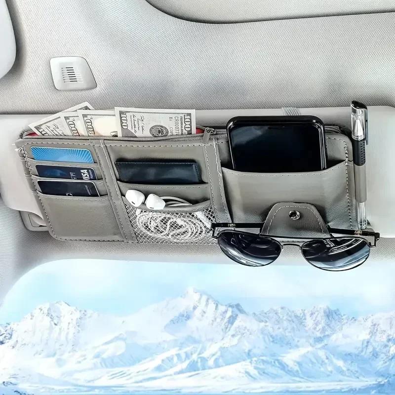 Multi Functional Sun Visor Storage Bag with Phone Holder Sunglass Case and Card Slots Space Saving Car Accessory
