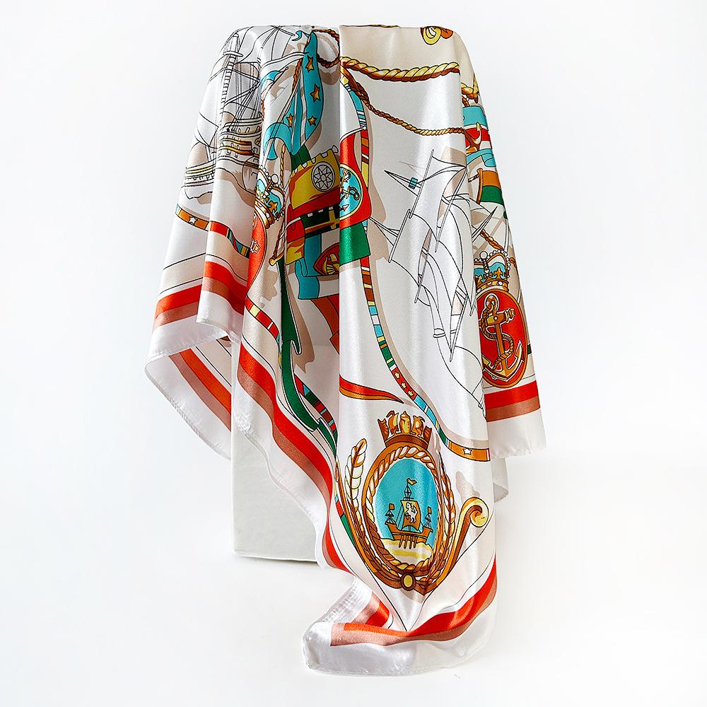 

90*90cm Classic Sailboat Square Scarf WomenShawl Neckerchief Female Print Headband Head Wraps Foulard Hijab Hair Bands 90x90CM