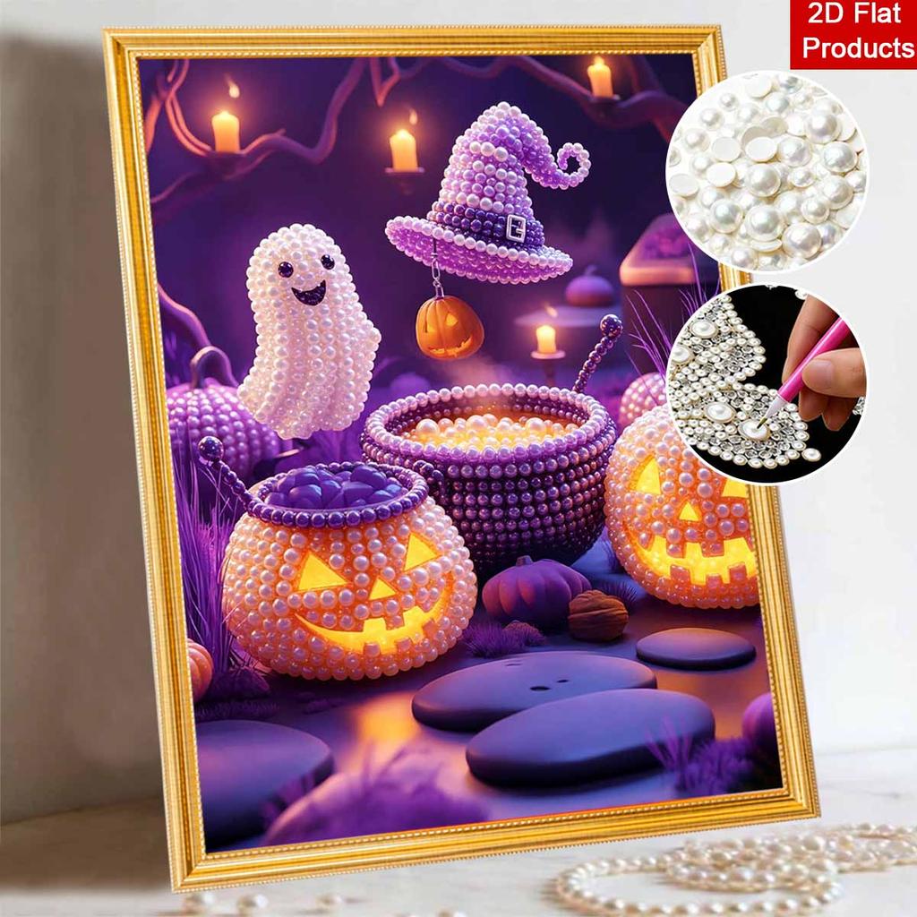 DIY Frameless Pearl Bead Painting Kit Halloween Theme Sparkling Canvas Art Creative Gift for Craft Lovers