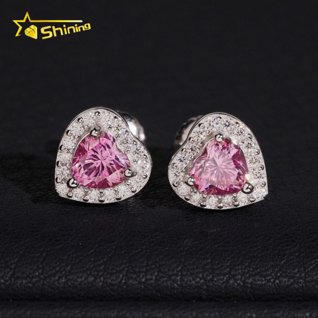 Solid 925 Silver Gold Plated Heart Shape GRA Pink Moissanite Screw Back Stud Earrings Fashion Jewelry Hot Sale Cheapest Price