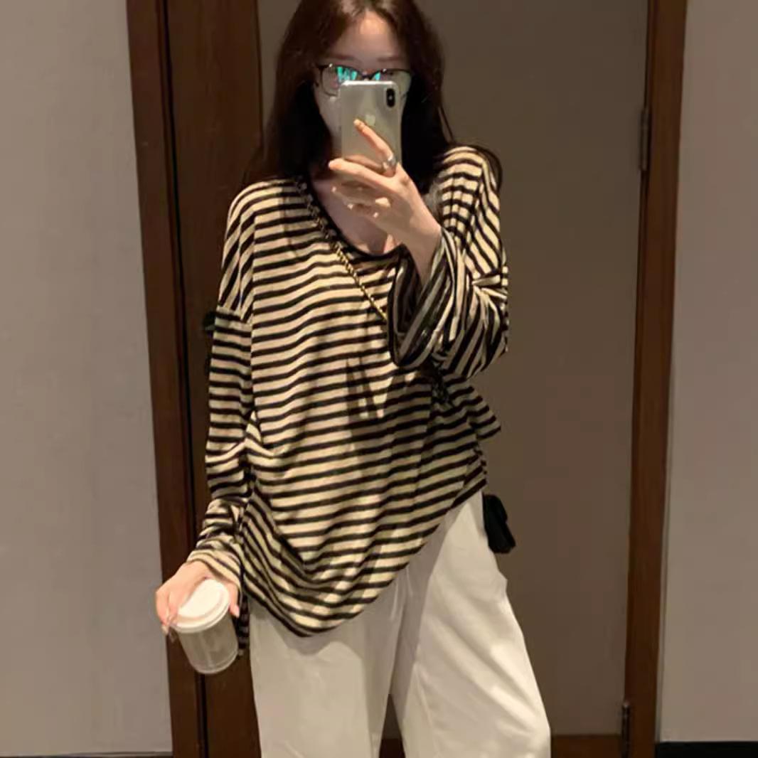

Горячая девушка полосатая блузка с защитой от солнца женская новая осенняя свободная футболка с U-образным вырезом и длинными рукавами для ранней осени тонкий внешний топ XL