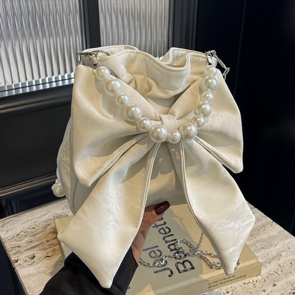 Elegant Big Bowknot Shoulder Bag Pearl Chain Crossbody Bag Portable Drawstring Bucket Bag  Girls