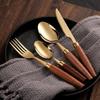 4-teiliges Besteckset mit Holzgriff, Edelstahl Messer Gabel Löffel Set Sapele Holz Westliches Tafelgeschirr Spülmaschinenfest Küchenartikel