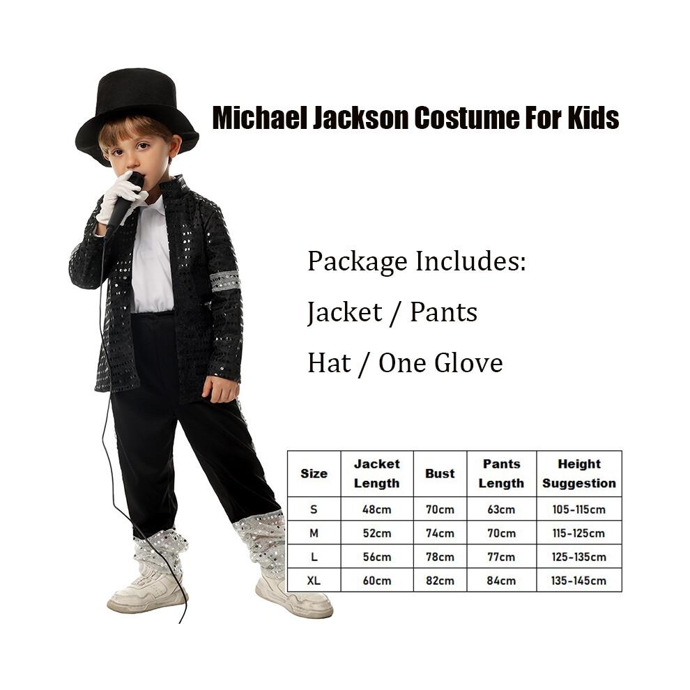 (Altura 115-125cm) Niño Michael Jackson Billie Jean Traje Negro Baile Disco Halloween Disfraz de Fiesta Rey del Pop de los 80 Disfraz para Niños