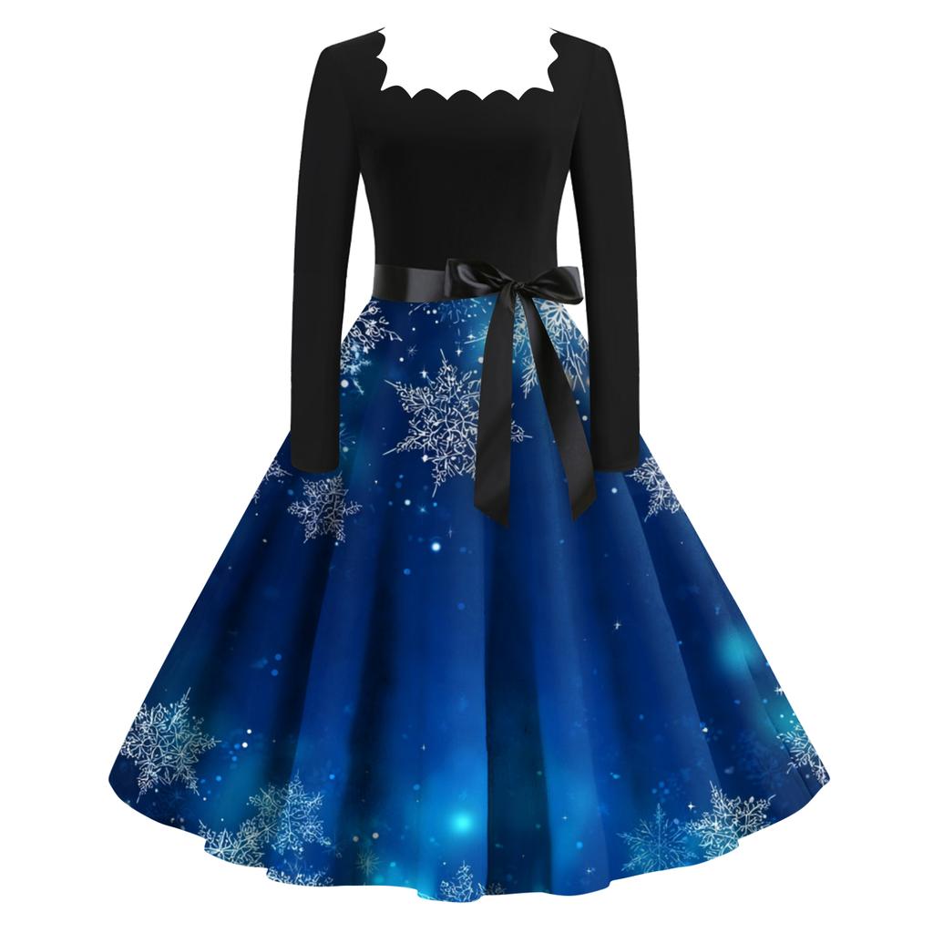 Women's Fashion Retro Long-sleeved Square Collar Christmas Printed Evening Dress