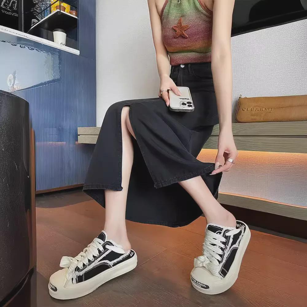 Women's Black High-Waist Slim A-Line Denim Skirt with Slit