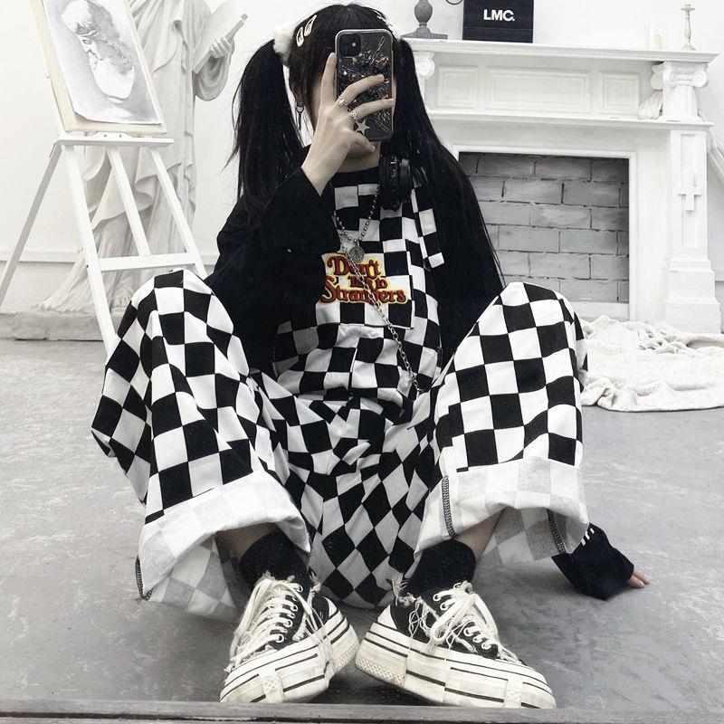Street Hip-hop Harajuku Girl Cow Print Oneies for Women Black White Plaid Overalls Casual Jumpsuit Trousers Baggy Pants