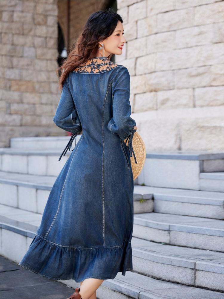 Johnature Women Fashion Embroidery Chinese Style Dress Solid Color Irregular Fishtail Denim Dresses