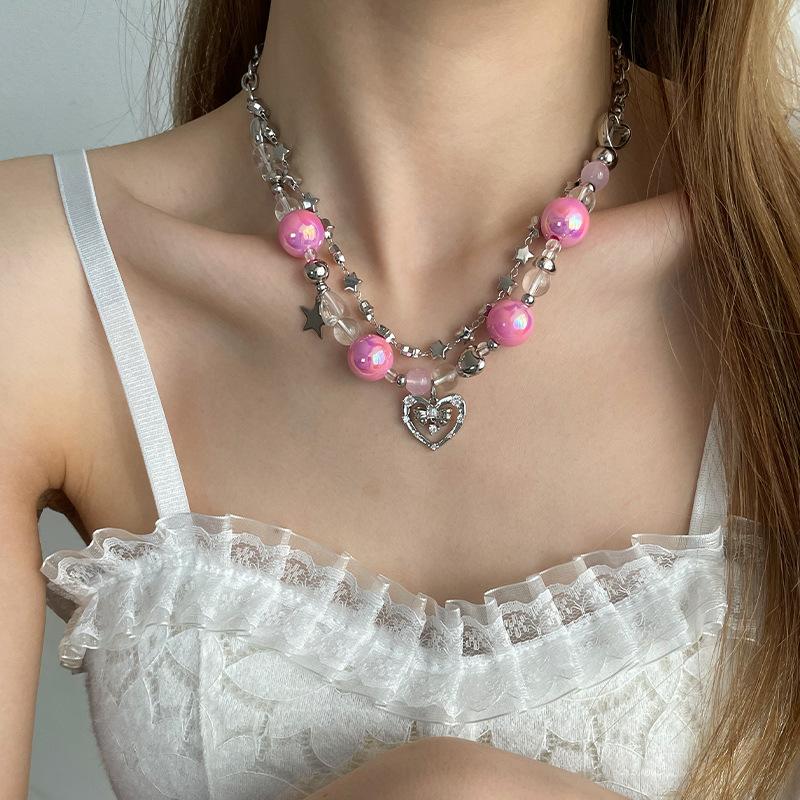 Meier Pink bead star patchwork hollow heart necklace - y2k hot girl sweet & cool accessory