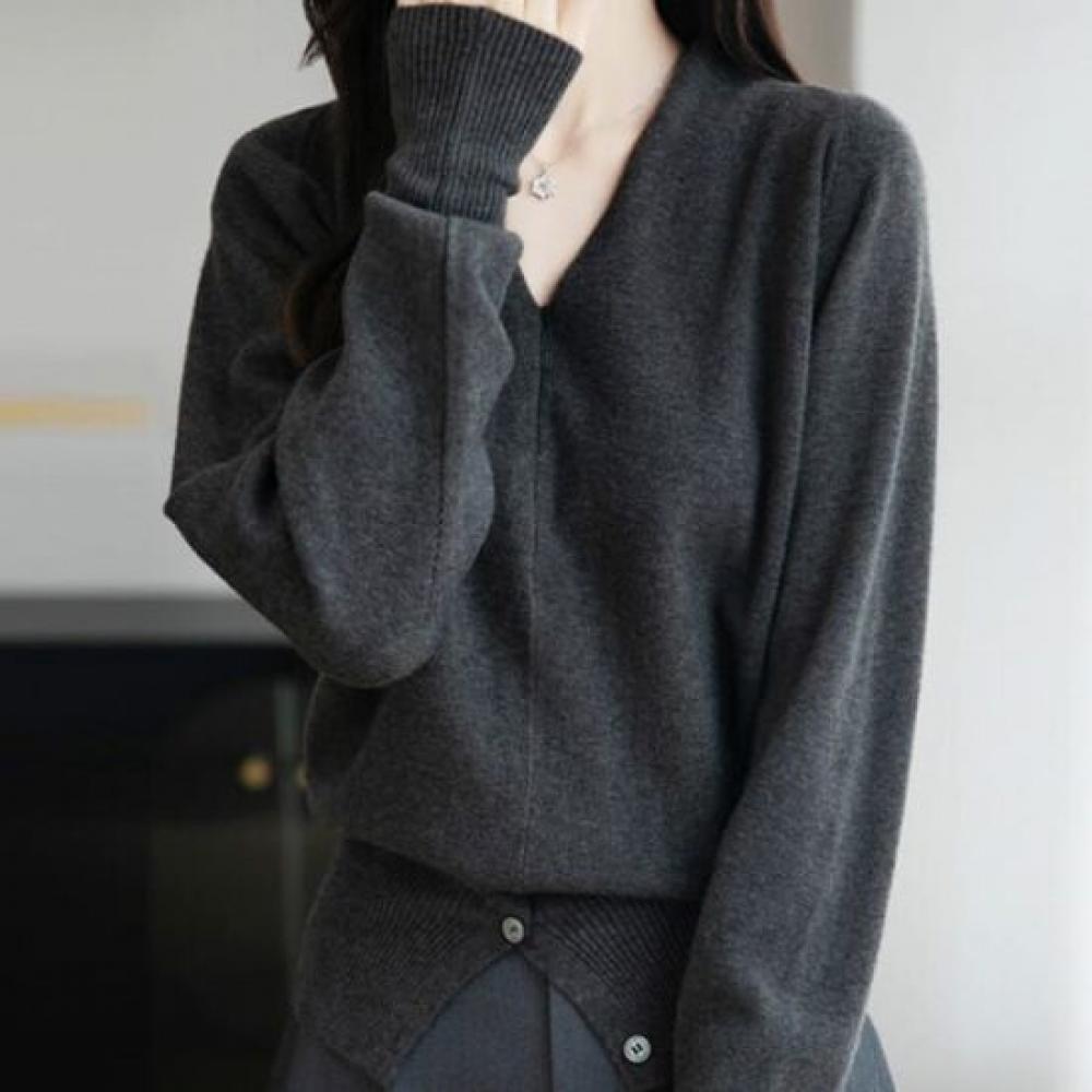 NaVaVa Women S SofT Plain SpliT Hem V Neck Long SleeVe KniT T ShirT Nk3351