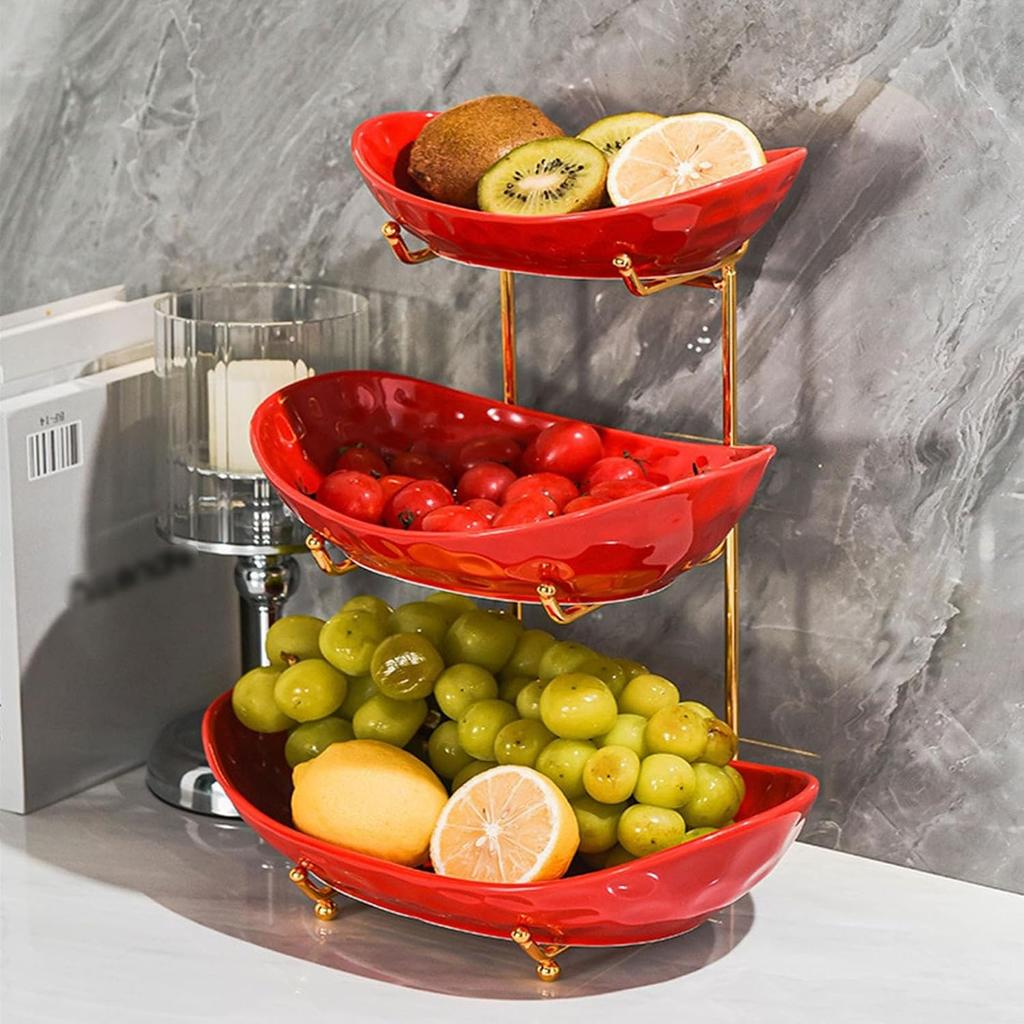Obstteller Obstschale Korb für Küchenarbeitsplatte, Mehrschichtige Keramik Servierschalen mit Metallständer, Roter gestufter Obstkorb für Obst, Gemüse,