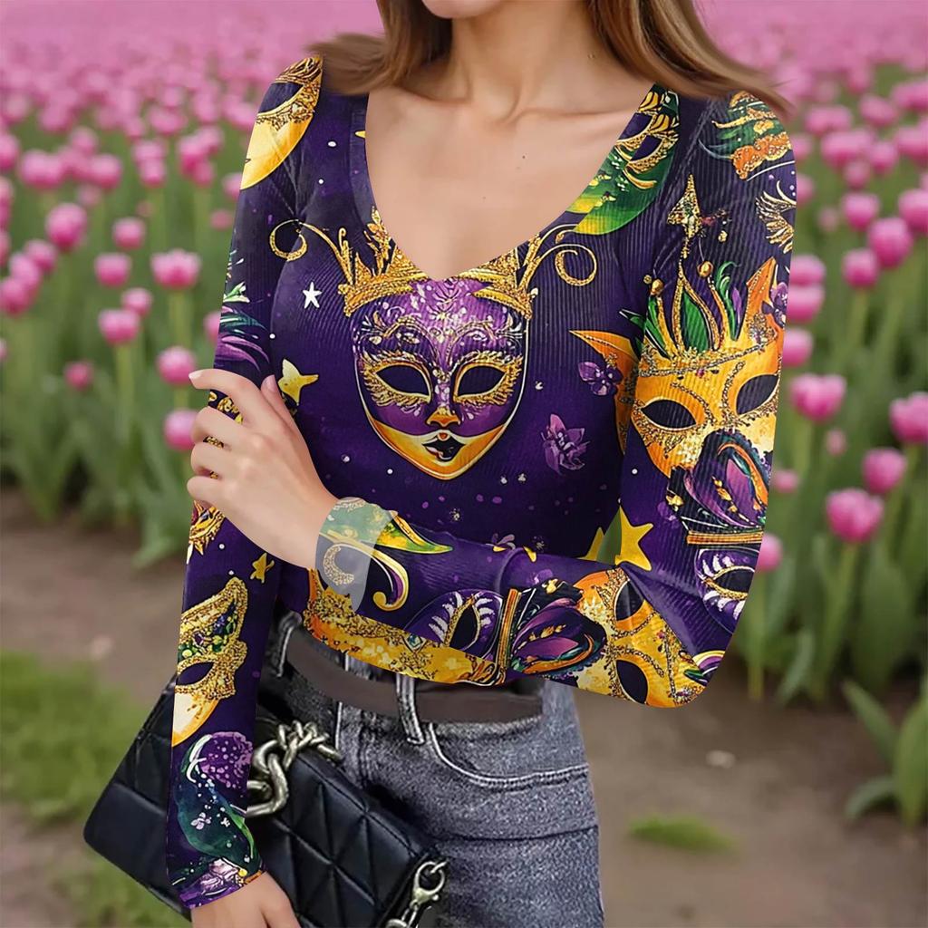 Women's Winter Slim-Fit Base Layer T-Shirt Fashionable  Print V-Neck Pullover Long-Sleeved Top