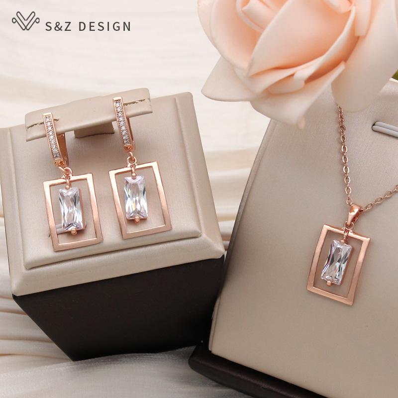Fashion Temperament Rose Gold Color Rectangle Cubic Zirconia Pendant Necklace For Women Trendy Fine Jewelry