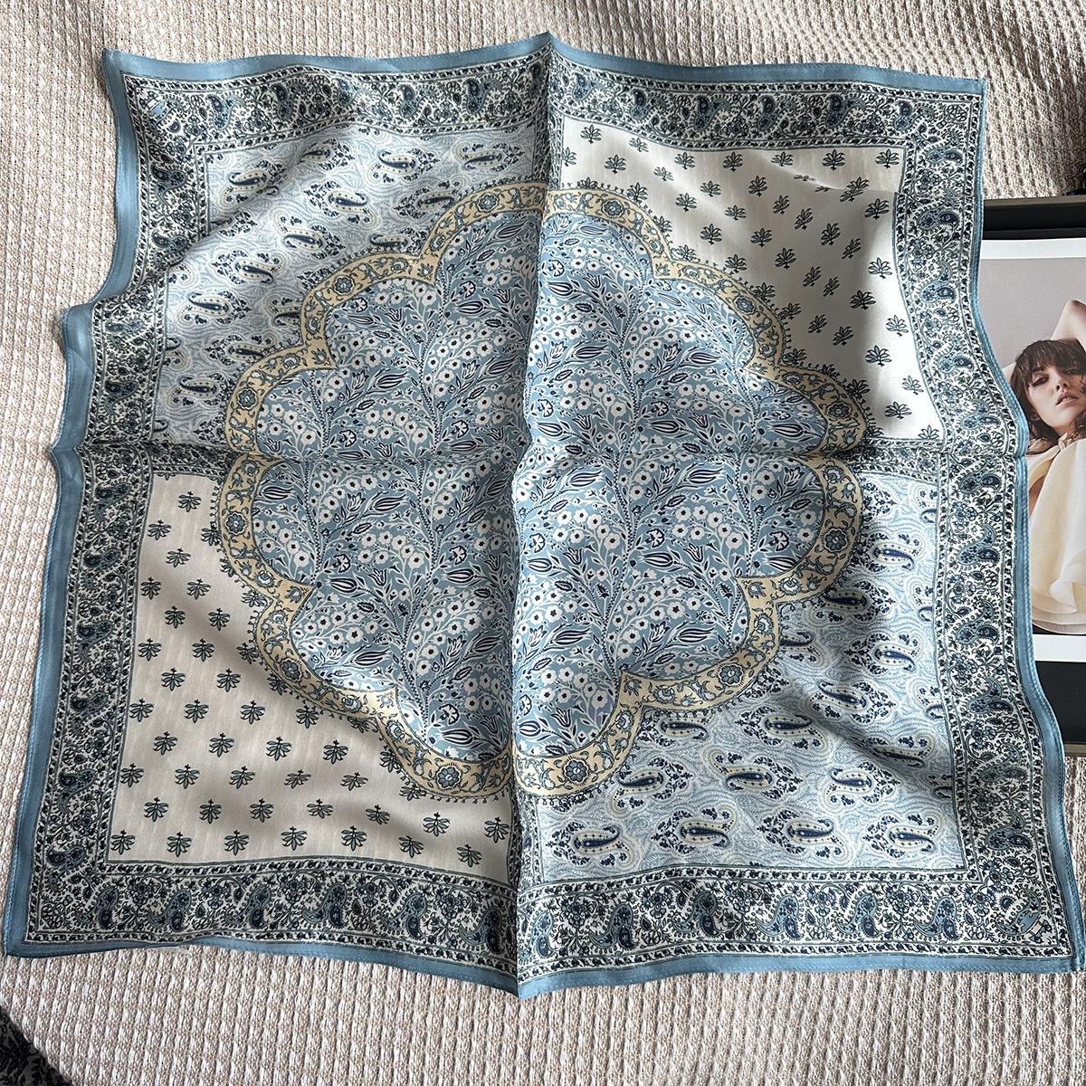 100% mulberry silk scarf women s fresh and versatile blues silk scarf autumn and winter multi-element cashew print 70 square scarf 65*65cm