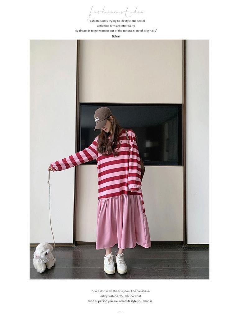Pink Striped Patchwork Maternity Sweatshirt Dress – Mid-Length 2024 Autumn Retro Loose College Style
