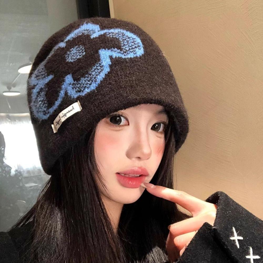 Warme Fair-Isle-Mütze, Wollstrickmütze mit Print, modisches Blumen-Jacquard-Strickmuster, Wintermütze