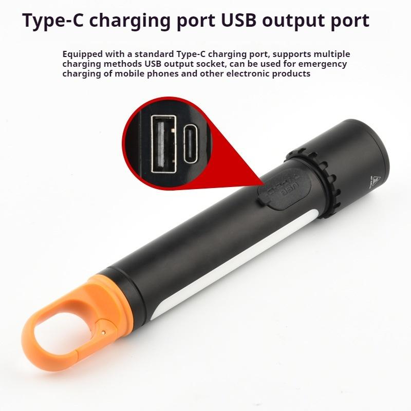 LED White Spotlight Flashlight Type-C Rechargeable Aluminium Plastic Telescopic Zoom Long Range Flashlight