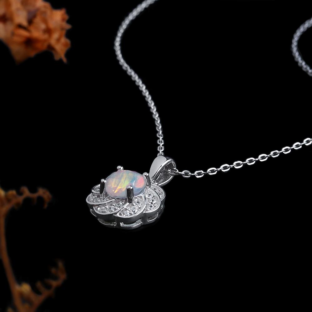 Elegant Flower Shape Clasp Ring Earrings Pendant Necklace Set Natural Opal S925 Silver Fine Jewelry for Women's Banquet Gifts
