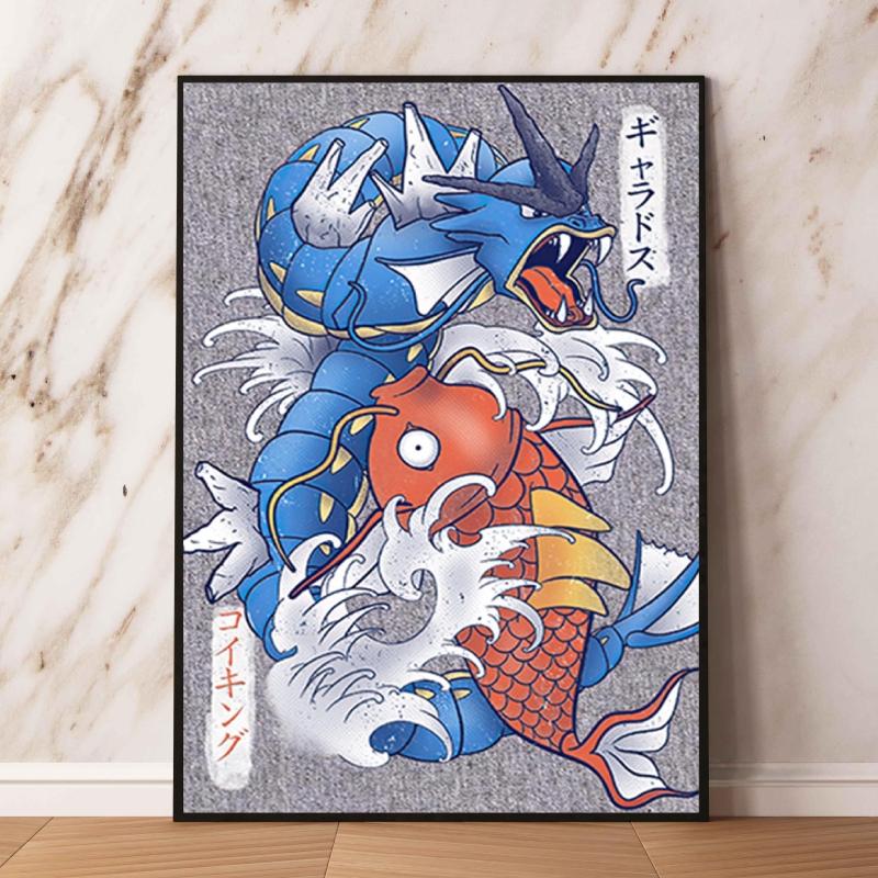 Pokemon Gyarados and Koi Leaping Dragon Gate Decorative Painting Traditional Art - Style Mural Unique Gift for Anime Lovers