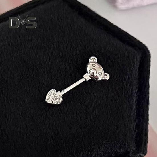 1 PC Boucles d'oreilles à clous Ours de dessin animé et forme de cœur Zircone cubique brillante Boucles d'oreilles pour cartilage pour les soirées en club Anneau de nez sans pas de vis