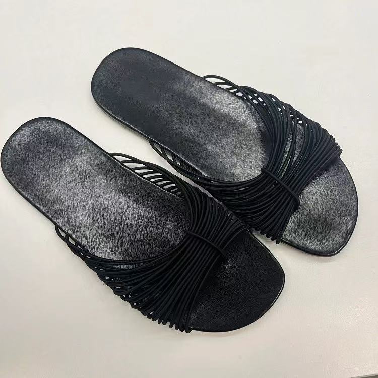 

Cowhide version ~ niche thin strap open-toe slippers for women to wear 2025 summer fashion red flat sandals 40 чёрный