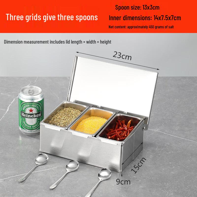 ZISIZ 201 Stainless Steel 3-Grid Flip-Top Condiment Box
