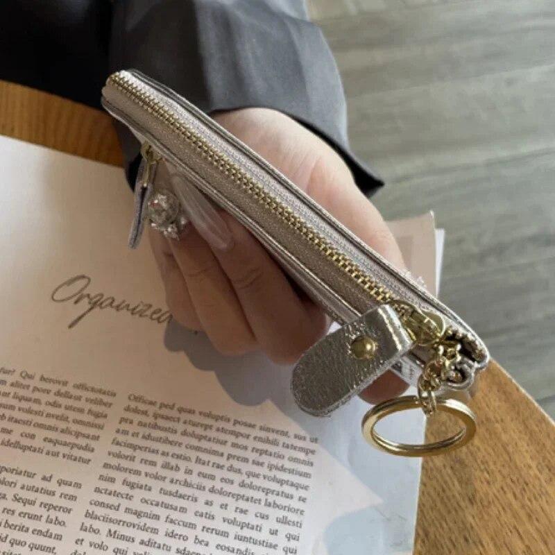 Fashion Genuine Leather Zipper Coin Purse Mini Cute Silver Wallet for Women Portable Key Card Coin Storage Bag Organizer Pouch