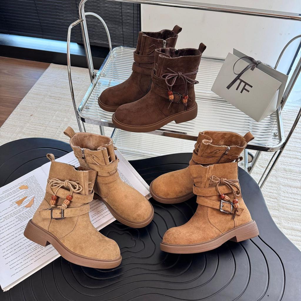 2025 autumn side zipper short knight boots women's autumn new round head thick heel belt buckle suede short boots