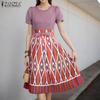 ZANZEA Lässiges Rundhals-Kurzarm-Sommer-Print-Kleid für Damen