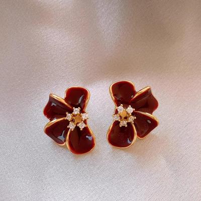 French Red Zirconia Petal Earrings - Exquisite Simple Hong Kong Style for Women, Niche Fashion Versatile Studs