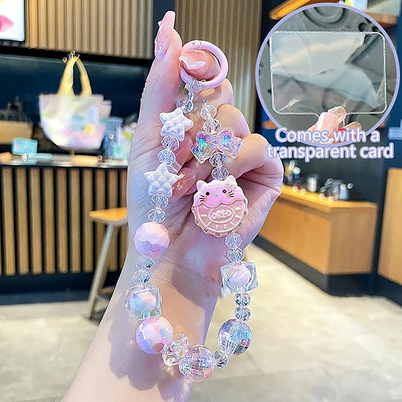 Kawaii Sanrio Hello Kitty Phone Chain W/Card Kuromi Cinnamoroll My Melody Beads Keychain Bowknot Anti-Lost Wrist Strap Bag Decor