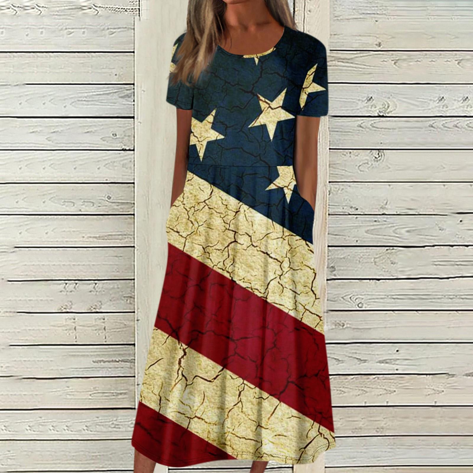 

Женское летнее повседневное модное платье с коротким рукавом и карманом на День независимости с коротким рукавом M