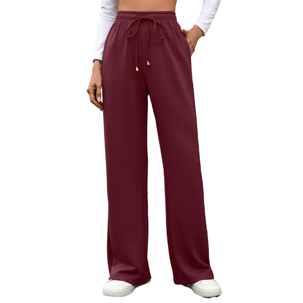 Fall Winter New Women's Solid Color High Waist Loose Straight Long Trousers With Pockets Elastic Waist Casual Pants For Crossborder Trade