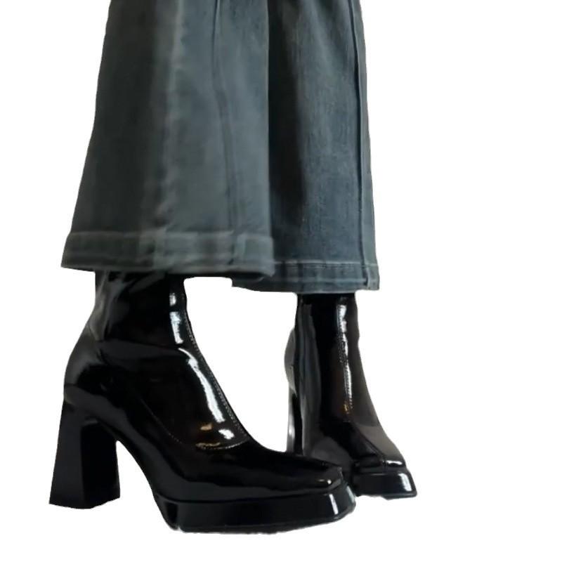 Fried Street~ New French Waterproof Platform Thick-soled Square Head High Heel Short Boots Women's Thick Heel Chelsea Boots Fleece Skinny Boots