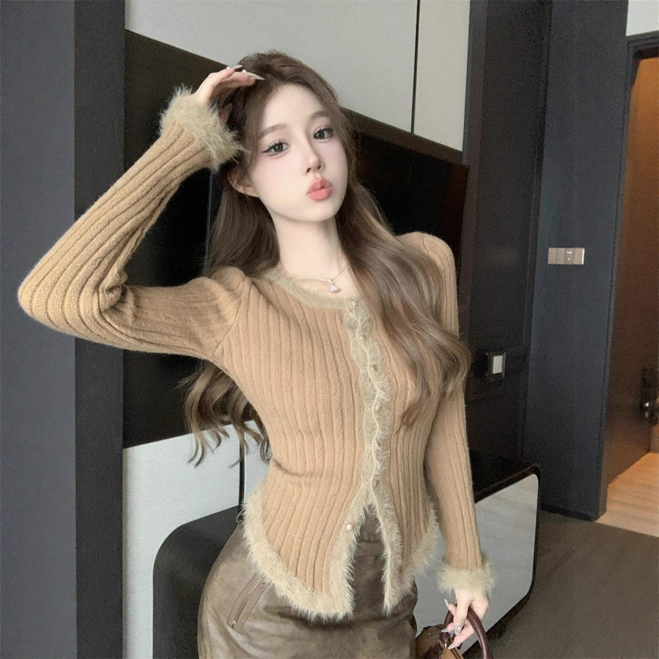 Imitation mink 7-needle arctic velvet thickened long-sleeved knitted cardigan women s autumn sexy high-end slim-fitting short sweater One size 2780₽