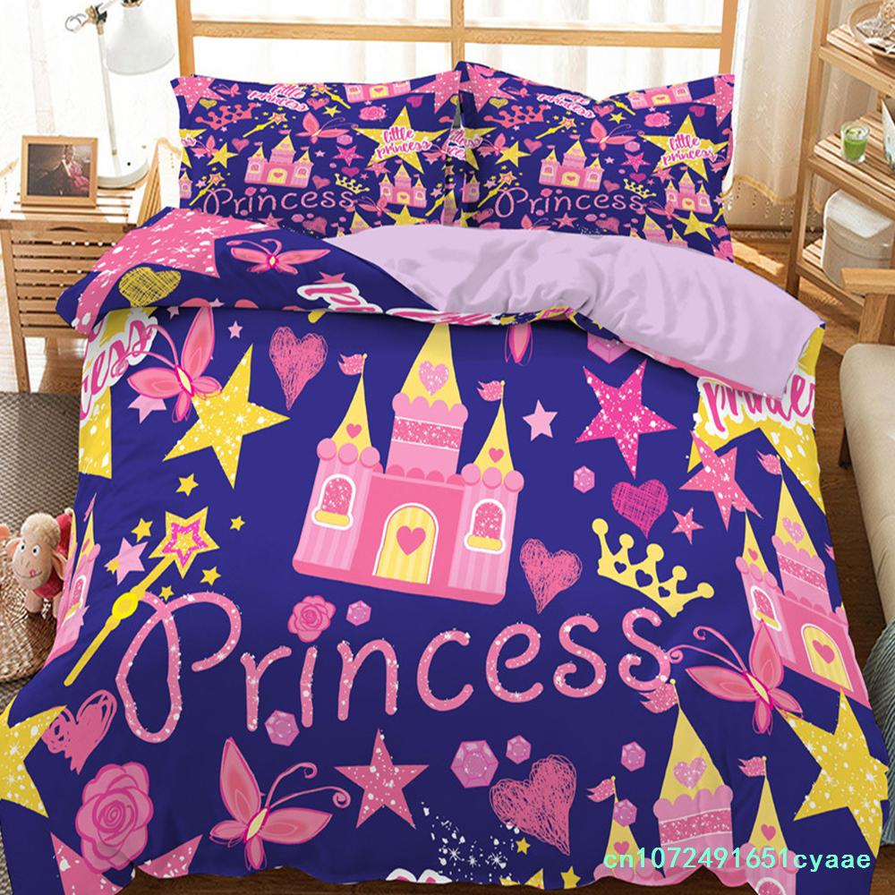 Kids Cartoon Duvet Cover Set Full/Queen Microfiber 3D Bedding Set Soft Pink Castle Princess Comforter Cover With Home Textile