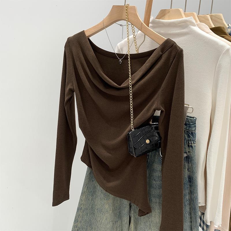 Slim-fit irregular swinging collar shoulder top women's autumn new sweet and spicy versatile bottoming shirt long-sleeved T-shirt