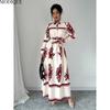 MODIQUE 2025 Spring New Women's Elegant Print Lapel Elastic Waist Belt Long Dress Ladies Casual A-Line Long Sleeve Dress